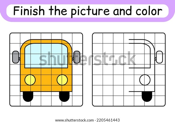 Complete the picture bus. Copy the\
picture and color. Finish the image. Coloring book. Educational\
drawing exercise game for children. Vector\
illustration