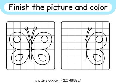 Complete the picture butterfly. Copy the picture and color. Finish the image. Coloring book. Educational drawing exercise game for children. Vector illustration