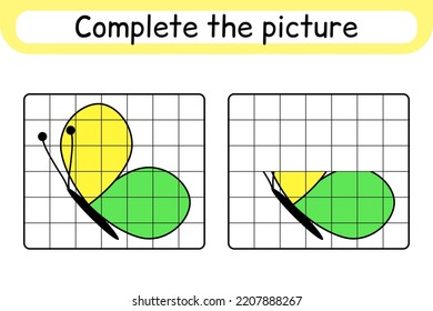 Complete the picture butterfly. Copy the picture and color. Finish the image. Coloring book. Educational drawing exercise game for children. Vector illustration