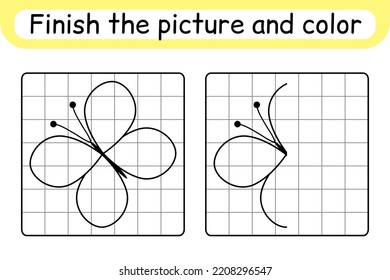 Complete the picture butterfly. Copy the picture and color. Finish the image. Coloring book. Educational drawing exercise game for children. Vector illustration