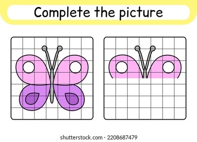 Complete the picture butterfly. Copy the picture and color. Finish the image. Coloring book. Educational drawing exercise game for children. Vector illustration