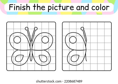 Complete the picture butterfly. Copy the picture and color. Finish the image. Coloring book. Educational drawing exercise game for children. Vector illustration