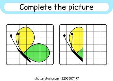 Complete the picture butterfly. Copy the picture and color. Finish the image. Coloring book. Educational drawing exercise game for children. Vector illustration
