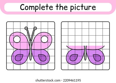 Complete the picture butterfly. Copy the picture and color. Finish the image. Coloring book. Educational drawing exercise game for children. Vector illustration