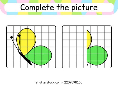 Complete the picture butterfly. Copy the picture and color. Finish the image. Coloring book. Educational drawing exercise game for children. Vector illustration