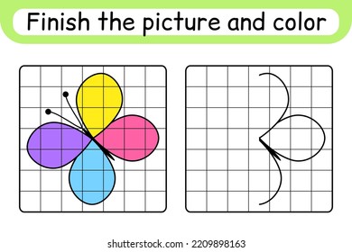 Complete the picture butterfly. Copy the picture and color. Finish the image. Coloring book. Educational drawing exercise game for children. Vector illustration