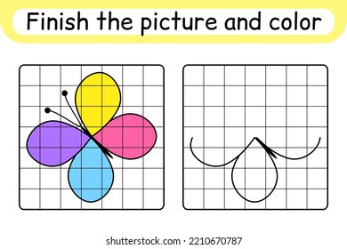 Complete the picture butterfly. Copy the picture and color. Finish the image. Coloring book. Educational drawing exercise game for children. Vector illustration