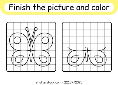 Complete the picture butterfly. Copy the picture and color. Finish the image. Coloring book. Educational drawing exercise game for children. Vector illustration