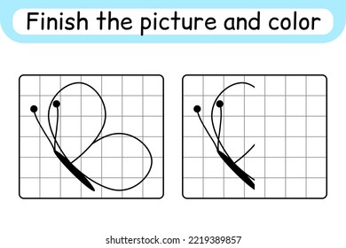 Complete the picture butterfly. Copy the picture and color. Finish the image. Coloring book. Educational drawing exercise game for children. Vector illustration