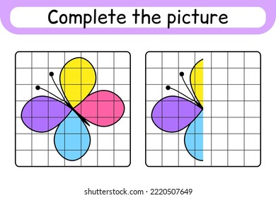 Complete the picture butterfly. Copy the picture and color. Finish the image. Coloring book. Educational drawing exercise game for children. Vector illustration