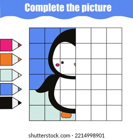 Imagen completa por cuadrícula. Dibuja pingüino. Juego de niños con temas de animación. actividad de dibujo de simetría para niños pequeños