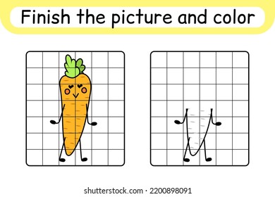 Complete the picture carrot. Copy the picture and color. Finish the image. Coloring book. Educational drawing exercise game for children. Vector illustration