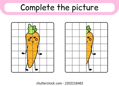 Complete the picture carrot. Copy the picture and color. Finish the image. Coloring book. Educational drawing exercise game for children. Vector illustration
