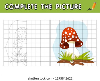 Complete the picture of cartoon amanita. Copy the picture and color it. Educational game for children.