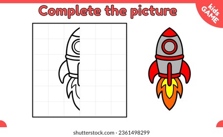 Complete the picture of a cartoon space rocket. Copy the picture. Kids game. Draw and color spaceship. Page of activity book for children. Puzzle for school education child. Vector illustration.