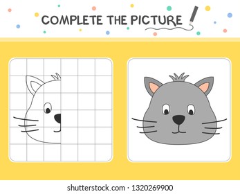 Complete the picture of a cat. Copy the picture. Coloring book. Educational game for children. Cartoon vector illustration