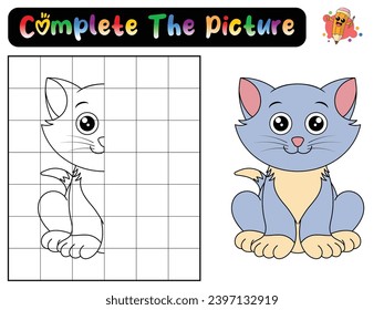 Füllen Sie das Bild einer Katze aus. Kopieren Sie das Bild. Farbbuch. Erziehungsspiel für Kinder. Cartoon-Vektorgrafik