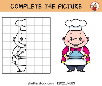 Complete the picture of a chef carrying plate with a cloche. Copy the picture. Coloring book. Educational game for children. Cartoon vector illustration