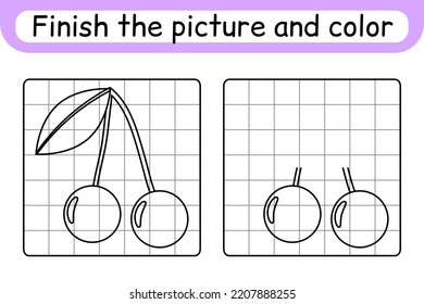 Complete the picture cherry. Copy the picture and color. Finish the image. Coloring book. Educational drawing exercise game for children. Vector illustration