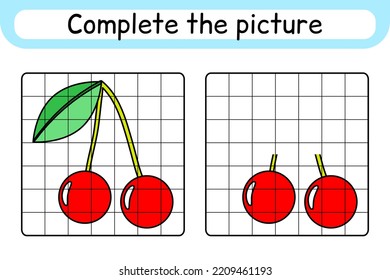 Complete the picture cherry. Copy the picture and color. Finish the image. Coloring book. Educational drawing exercise game for children. Vector illustration