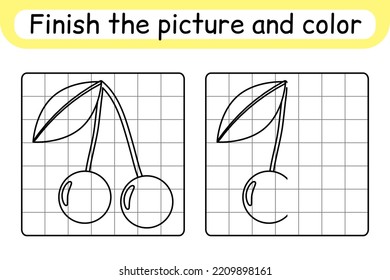 Complete la cereza de imagen. Copia la imagen y el color. Termina la imagen. Libro de colorear. Juego educativo de dibujo para niños. Ilustración del vector