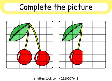 Complete the picture cherry. Copy the picture and color. Finish the image. Coloring book. Educational drawing exercise game for children. Vector illustration