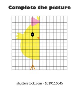 Complete the picture, chick in cartoon style, drawing skills training, educational paper game for the development of children,  kids preschool activity, printable worksheet, vector illustration
