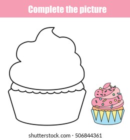 Complete the picture children educational drawing game. Coloring page for kids with yummy cupcake. Printable kids activity