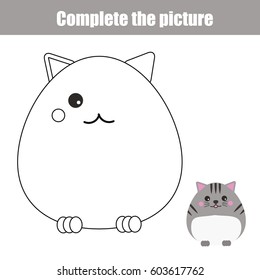 Complete The Picture Children Educational Game, Coloring Page. Kids Activity Sheet With Cute Cat Character. Printable Drawing Worksheet. Animals Theme