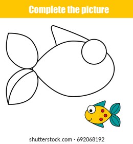 Complete the picture children educational game, coloring page. Kids activity sheet with fish. Printable drawing worksheet