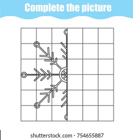 Completa el juego educativo infantil de imagen, página de color. Hoja de actividades para niños con copos de nieve. Hoja de cálculo de dibujo impresa, tema de vacaciones de invierno