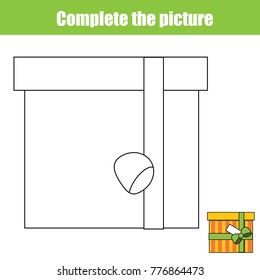 Complete the picture children educational game, coloring page. Kids activity and coloring page. Printable drawing worksheet with gift box