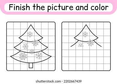 Complete the picture christmas tree. Copy the picture and color. Finish the image. Coloring book. Educational drawing exercise game for children. Vector illustration