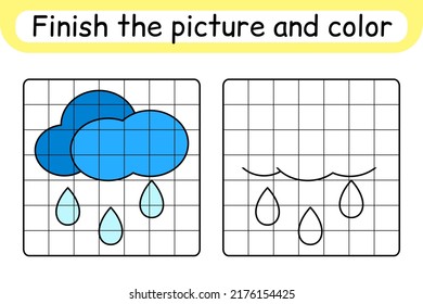 Complete the picture cloud. Copy the picture and color. Finish the image. Coloring book. Educational drawing exercise game for children. Vector illustration