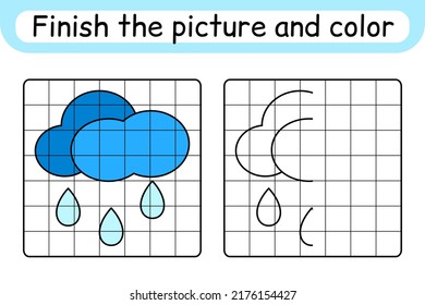 Complete the picture cloud. Copy the picture and color. Finish the image. Coloring book. Educational drawing exercise game for children. Vector illustration