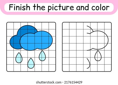 Complete the picture cloud. Copy the picture and color. Finish the image. Coloring book. Educational drawing exercise game for children. Vector illustration