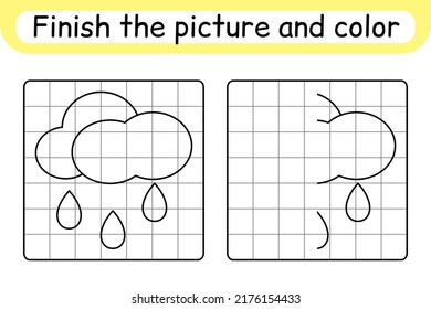 Complete the picture cloud. Copy the picture and color. Finish the image. Coloring book. Educational drawing exercise game for children. Vector illustration