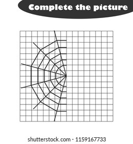 Complete the picture, cobweb in cartoon style, drawing skills training, educational paper game for the development of children,  kids preschool activity, printable worksheet, vector illustration