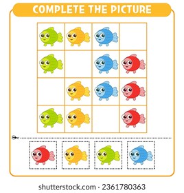 Complete the picture colorful fish. Educational game Worksheet for kids Sudoku