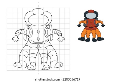 Complete the picture and coloring. Alien Astronaut. Game for kids: symmetry.