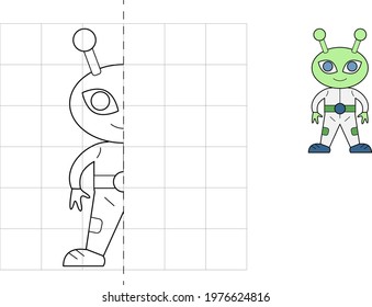 Complete the picture and coloring. Alien. Game for kids: symmetry.