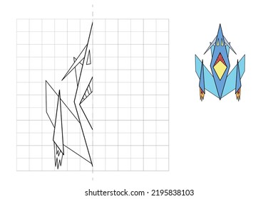 Complete the picture and coloring. Blue spaceship. Rocket. Game for kids: symmetry.