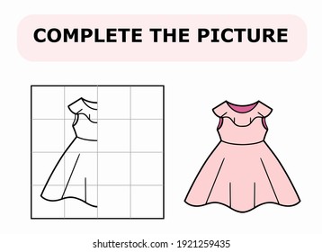 Complete the picture. Coloring book. Educational game for children. Cartoon vector illustration of pink dress.