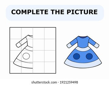 Complete the picture. Coloring book. Educational game for children. Cartoon vector illustration of blue dress.