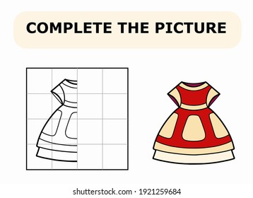 Complete the picture. Coloring book. Educational game for children. Cartoon vector illustration of red dress.