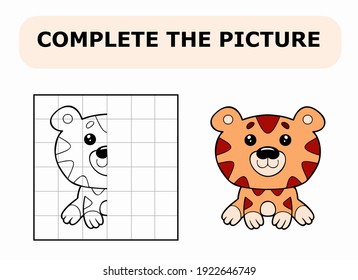 Completa la imagen. Libro de colorear. Juego educativo para niños. Dibujo vectorial de dibujos animados de tigre lindo.