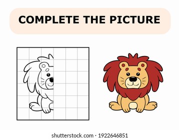 Complete the picture. Coloring book. Educational game for children. Cartoon vector illustration of cute little lion.