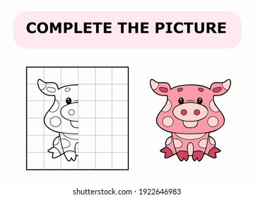 Complete the picture. Coloring book. Educational game for children. Cartoon vector illustration of cute little pig.
