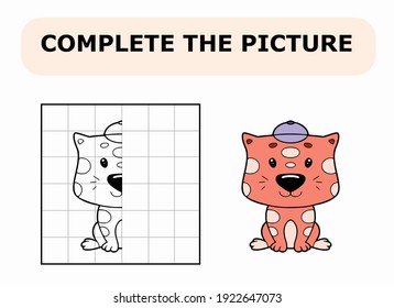 Completa la imagen. Libro de colorear. Juego educativo para niños. Dibujo vectorial de dibujos animados de un lindo gato.