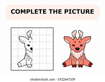 Complete the picture. Coloring book. Educational game for children. Cartoon vector illustration of cute little fawn.